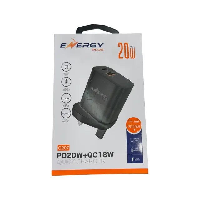 شاحن Energy Plus C207 سريع بقوة PD 20W و QC 18W يشحن أجهزتك بسرعة وأمان.