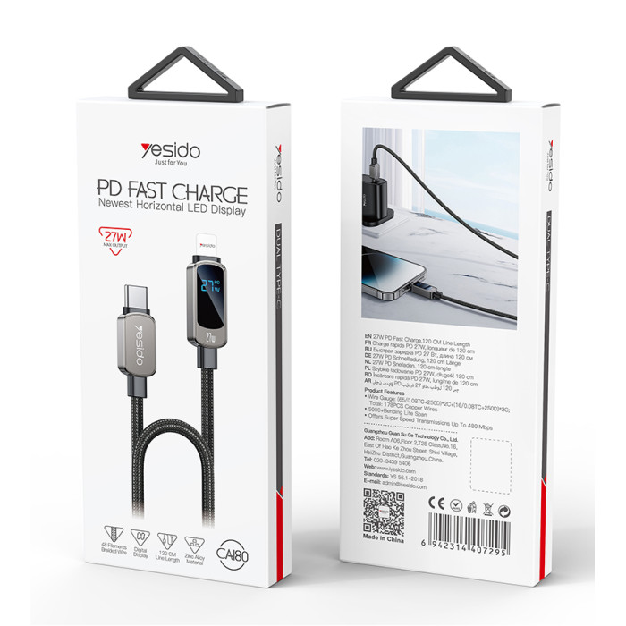 كابل شحن سريع Yesido CA180 بقوة 27W PD بطول 120cm