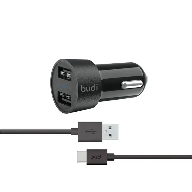 شاحن سيارة Budi بقوة 12W بمدخلين USB مع كابل Type-C