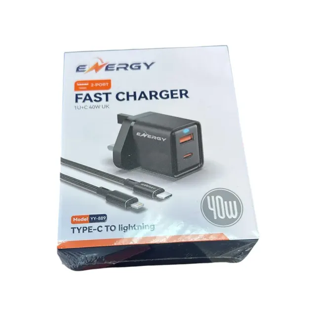 شاحن ENERGY سريع بمنفذين بقوة 40W وقابس UK مع كيبل USB-C to Lightning