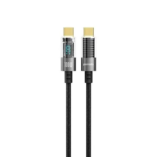 كابل Porodo شفاف مضفر USB-C to USB-C مع شاشة رقمية